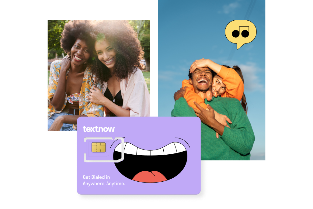 A collage of people hanging out with friends and a TextNow SIM card.